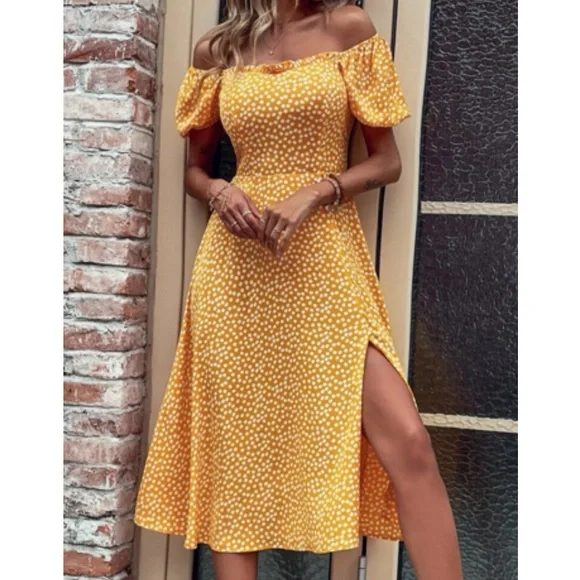 Boho polka dots puff sleeve slit thigh dress - Picture 13 of 16